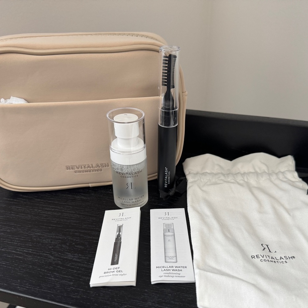 Revitalash Toiletry bag with Hi-Def Brow Gel, Micellar Water Lash Wash and Pouch